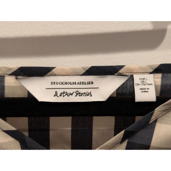 & Other Stories Gingham Tiered Mini Dress Puff Sleeve Navy Beige Large - Picture 3 of 6